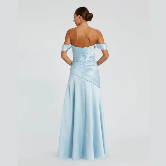 Mac Duggal Size 4 Light Blue Satin Off The Shoulder‎ Long Maxi Dress Gown - Picture 4 of 4